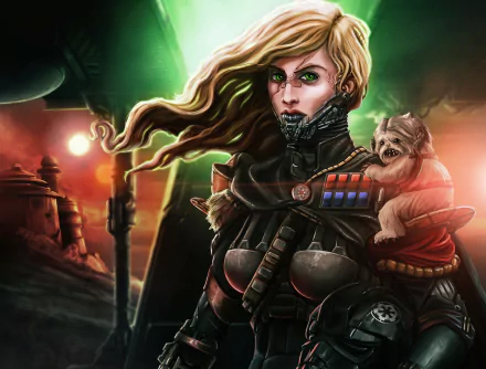 A blonde cyborg woman warrior with green eyes in a sci-fi Star Wars setting, holding a small creature, detailed HD desktop wallpaper.