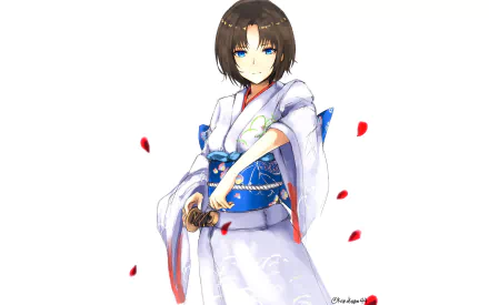 An HD desktop wallpaper featuring an anime character from Kara no Kyōkai, dressed in a traditional kimono, surrounded by falling petals, exuding a serene yet captivating presence.