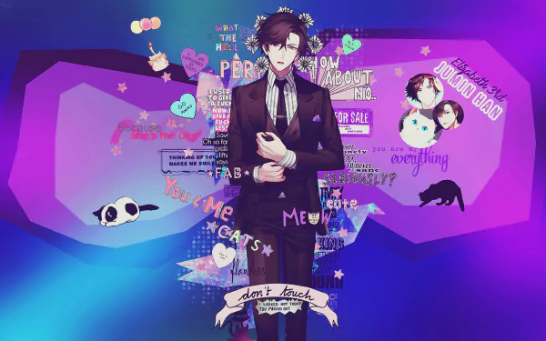 HD anime desktop wallpaper featuring a character from Mystic Messenger, set against a vibrant purple and blue background adorned with colorful text, stickers, and whimsical illustrations.