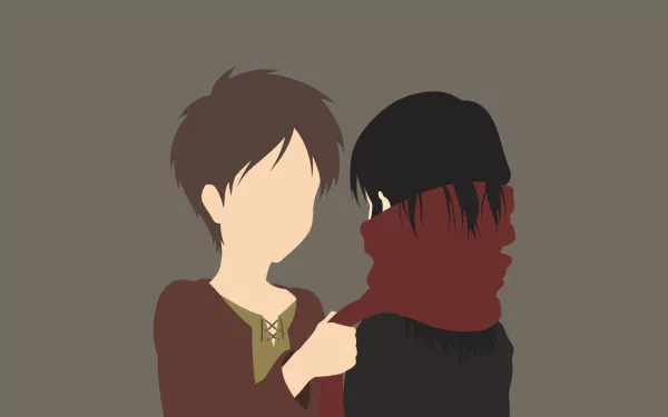 This HD desktop wallpaper features minimalist art of Eren Yeager and Mikasa Ackerman from the anime Attack on Titan, with Eren wrapping Mikasa's red scarf around her neck.