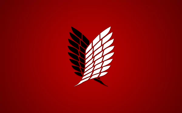 HD PC desktop wallpaper featuring the iconic black and white Wings of Freedom emblem from the anime Attack on Titan on a red background.