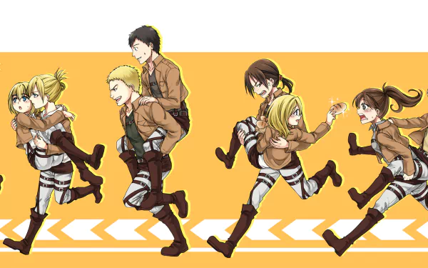 HD Attack on Titan anime wallpaper featuring characters Eren Yeager, Mikasa Ackerman, Levi Ackerman, Armin Arlert, Sasha Blouse, Reiner Braun, Jean Kirstein, and others.