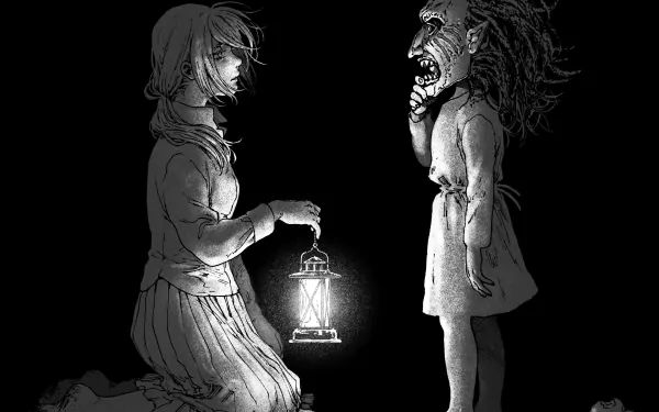HD anime desktop wallpaper featuring Ymir and Historia Reiss from Attack on Titan, depicted in a dark, dramatic scene with a glowing lantern.