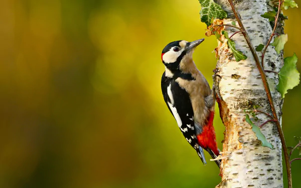 A vibrant woodpecker clings to a birch tree against a blurred green and yellow background in this 4K Ultra HD PC desktop wallpaper showcasing nature's beauty.
