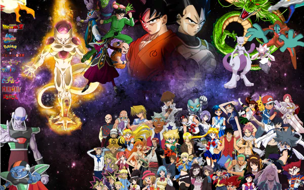 HD desktop wallpaper featuring an anime crossover. The image showcases a rich collection of characters from various anime series set against a cosmic background, offering a vibrant visual experience.