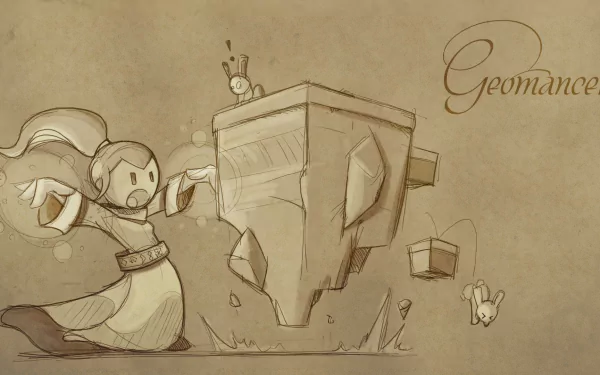 HD Stonehearth-themed desktop wallpaper featuring an illustrated geomancer character with floating stone elements and thematic text.