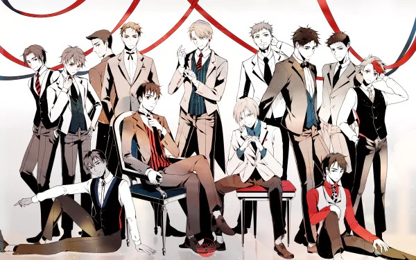 A high-definition desktop wallpaper featuring characters from Yuri!!! on ICE: Yuri Plisetsky, Victor Nikiforov, Phichit Chulanont, and others, elegantly posing in formal attire.