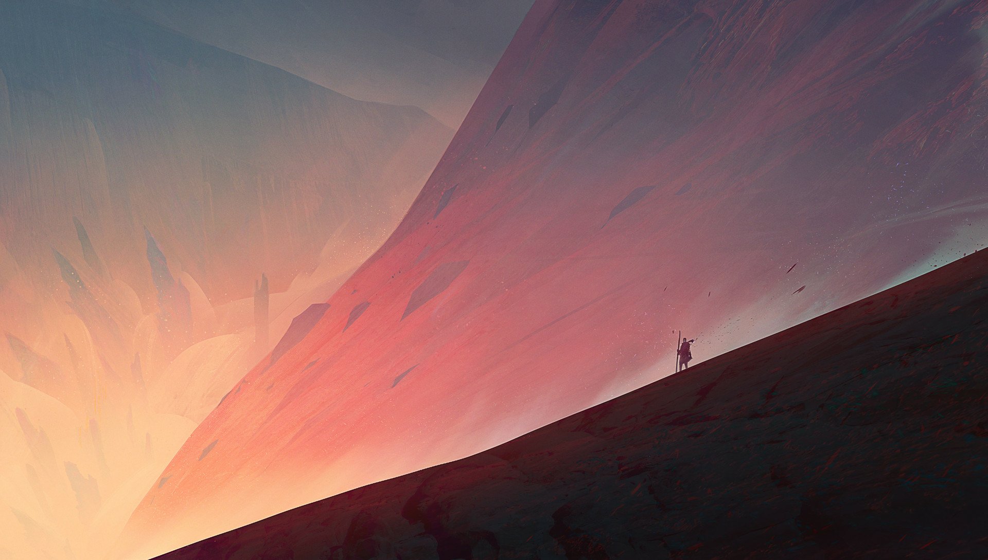 A mesmerizing HD desktop wallpaper depicting a lone nomad traversing a fantastical desert landscape, with vibrant sand dunes and surreal lighting creating a dreamlike atmosphere.
