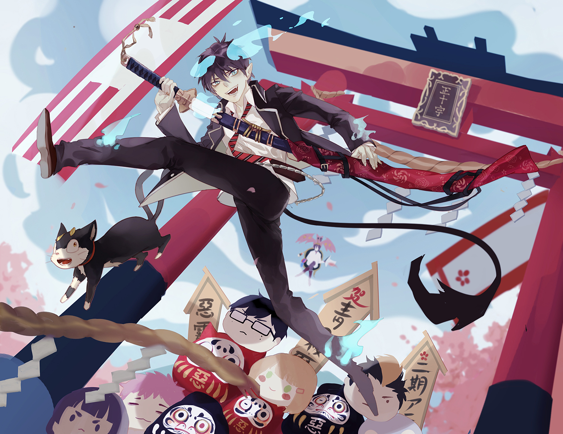 HD PC desktop wallpaper featuring Rin Okumura from the anime Blue Exorcist, dynamically posed with his sword amid vibrant, stylized background elements.