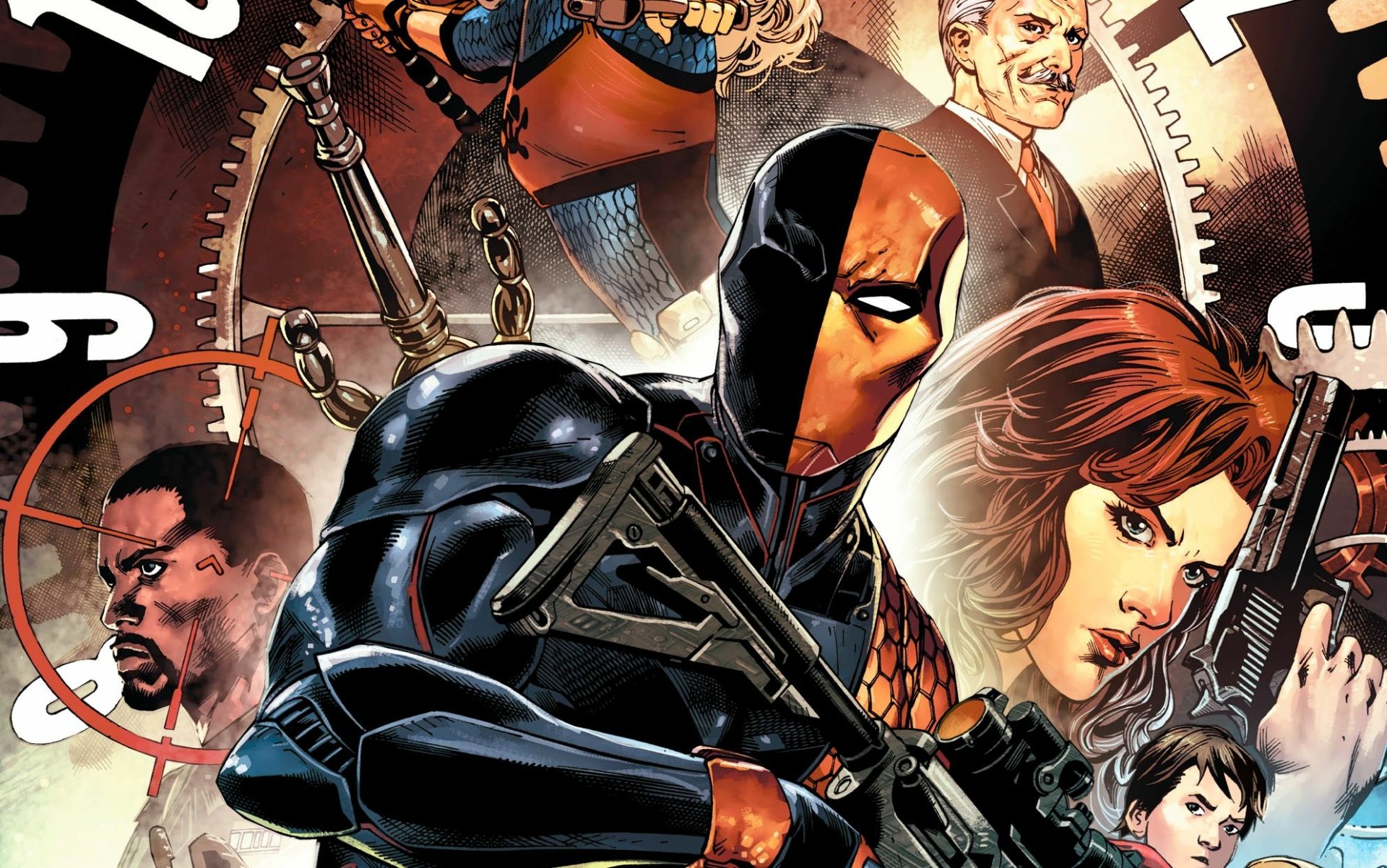 HD PC desktop wallpaper featuring the comic character Deathstroke in tactical armor, surrounded by other illustrated characters and dynamic action elements.