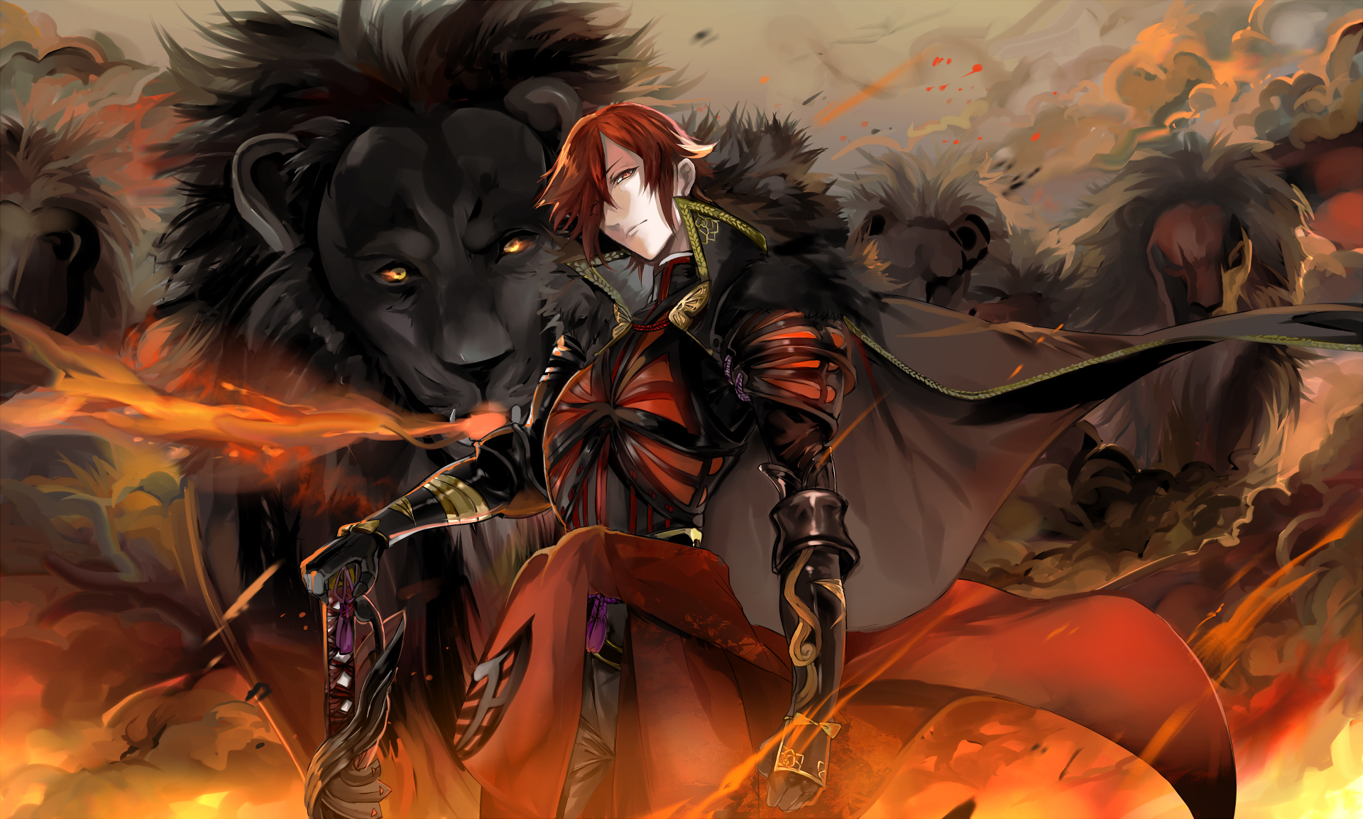 HD desktop wallpaper featuring original anime art of a red-haired warrior in striking armor, flanked by fierce lions amidst a fiery background.
