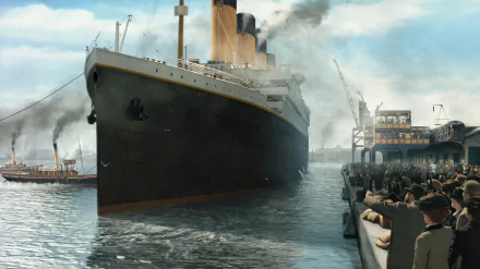 HD desktop wallpaper from the movie Titanic depicting the iconic ship at the dock, surrounded by smoke and a crowd of onlookers.