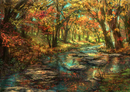 HD anime wallpaper of a serene forest in fall, showing a river with stepping stones, surrounded by colorful autumn leaves and trees.