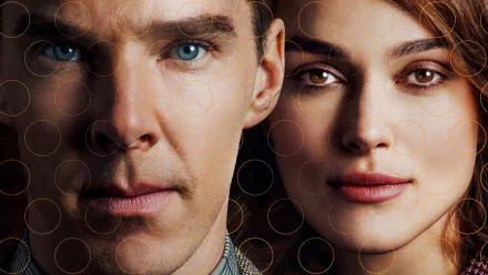 HD desktop wallpaper featuring close-up portraits of Benedict Cumberbatch and Keira Knightley from the movie The Imitation Game.