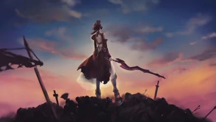HD desktop wallpaper of Red Saber from Fate/extra. The anime character stands on a battlefield amidst a vibrant sunset sky, creating a dramatic and captivating scene.