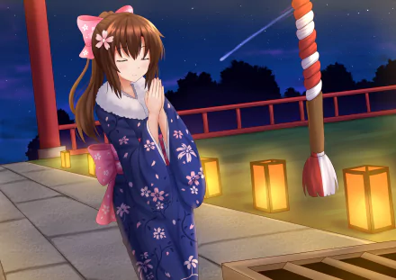 Anime-style original HD PC desktop wallpaper featuring a girl in a floral yukata praying at a shrine with glowing lanterns under a starry night sky.