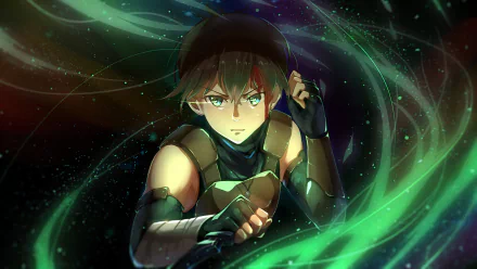 HD desktop wallpaper featuring Haruhiro from the anime Grimgar Of Fantasy And Ash, depicted in an intense and focused pose with dynamic swirling colors.