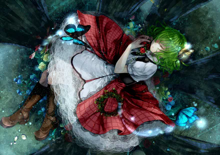 Yuuka Kazami (Touhou) anime HD PC desktop wallpaper: green-haired girl in a red dress lying among glowing blue butterflies and petals on a dark background.