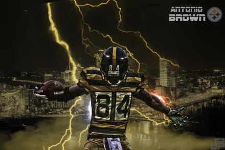 HD wallpaper featuring Antonio Brown in jersey number 84, with dynamic lightning effects over a city backdrop.