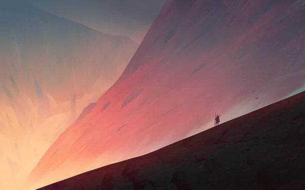 A mesmerizing HD desktop wallpaper depicting a lone nomad traversing a fantastical desert landscape, with vibrant sand dunes and surreal lighting creating a dreamlike atmosphere.