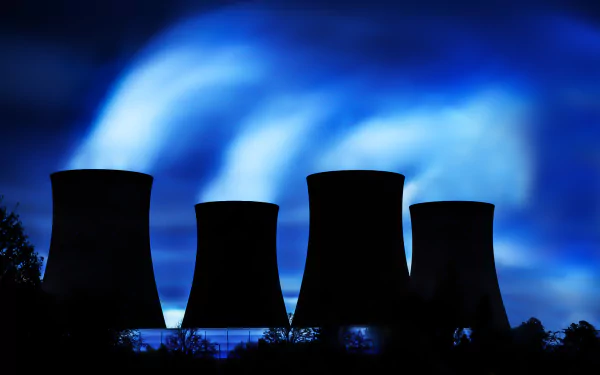Silhouetted nuclear power plant cooling towers release smoke against a vivid blue night sky, creating a striking man-made industrial scene.