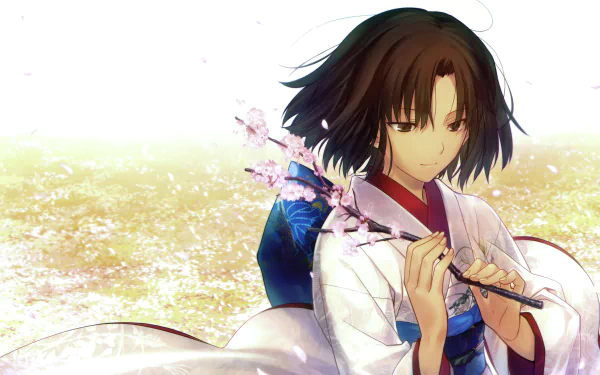 HD wallpaper of Shiki Ryougi from Kara no Kyōkai, showcasing her in traditional attire with a serene expression, holding a cherry blossom branch against a soft, light-filled background.