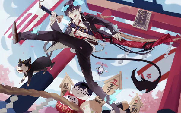 HD PC desktop wallpaper featuring Rin Okumura from the anime Blue Exorcist, dynamically posed with his sword amid vibrant, stylized background elements.