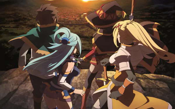 HD desktop wallpaper featuring characters from KonoSuba: Kazuma Satou, Megumin, Darkness, and Aqua, standing together and gazing at a sunset over a vast landscape. 