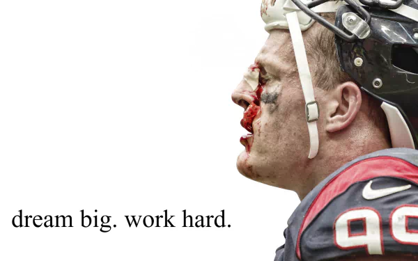 HD wallpaper of a football player in profile, with the inspiring quote dream big. work hard. and the number 99 on his jersey.