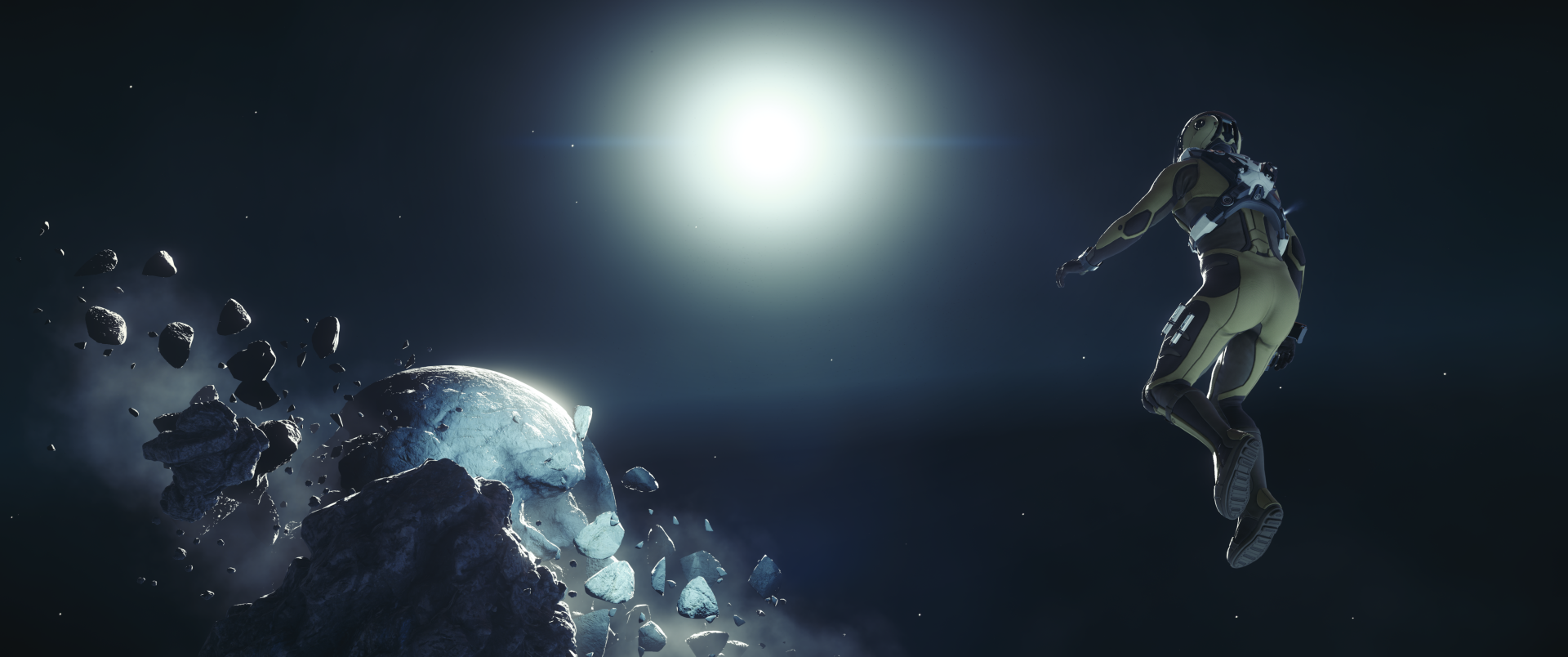 4K Ultra HD Star Citizen PC desktop wallpaper showing an astronaut floating near a shattered icy asteroid in space with a bright sun in the background.