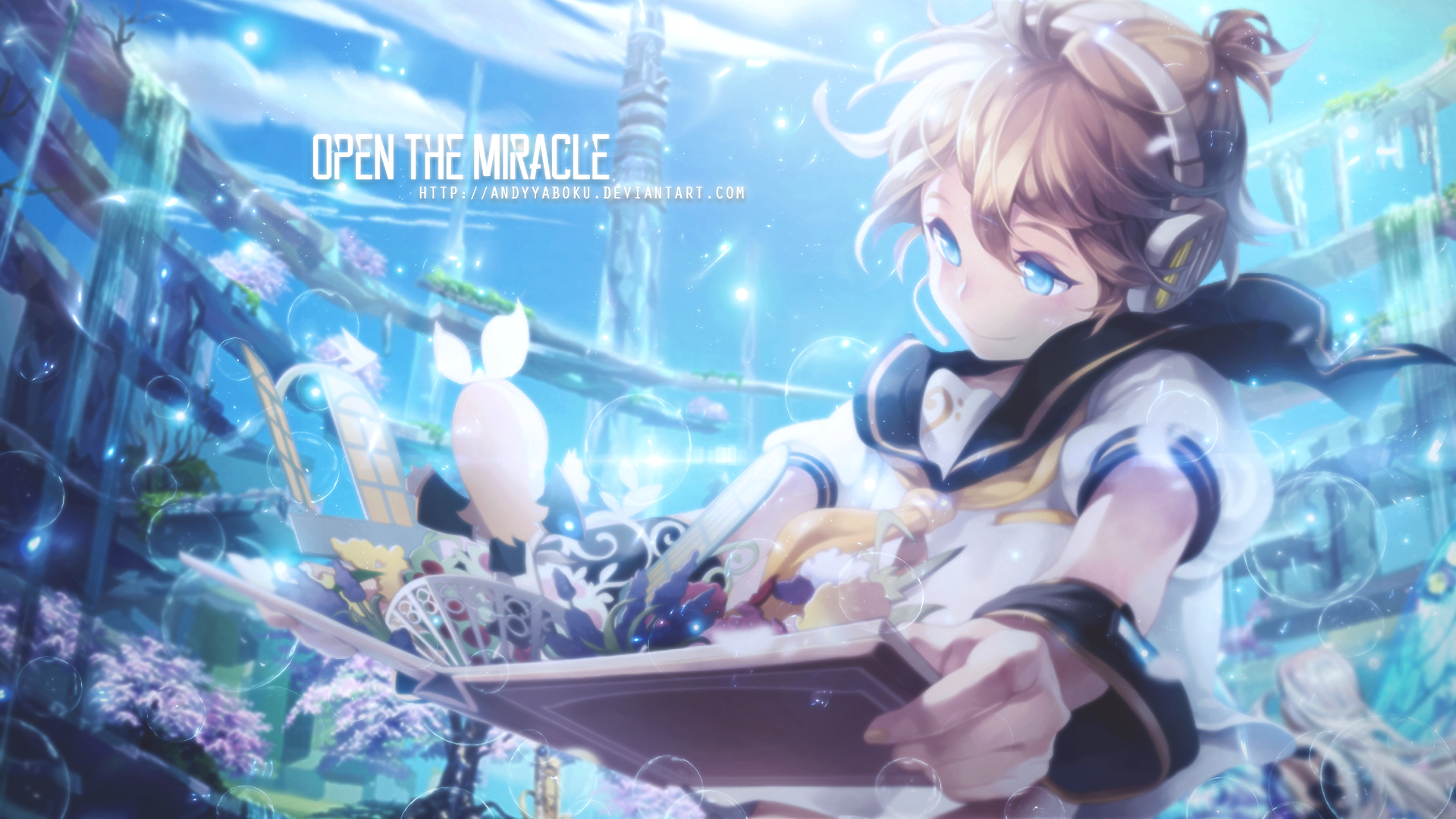 HD PC desktop wallpaper featuring Len Kagamine from Vocaloid in vibrant anime style with bright blues and dynamic underwater-like background.