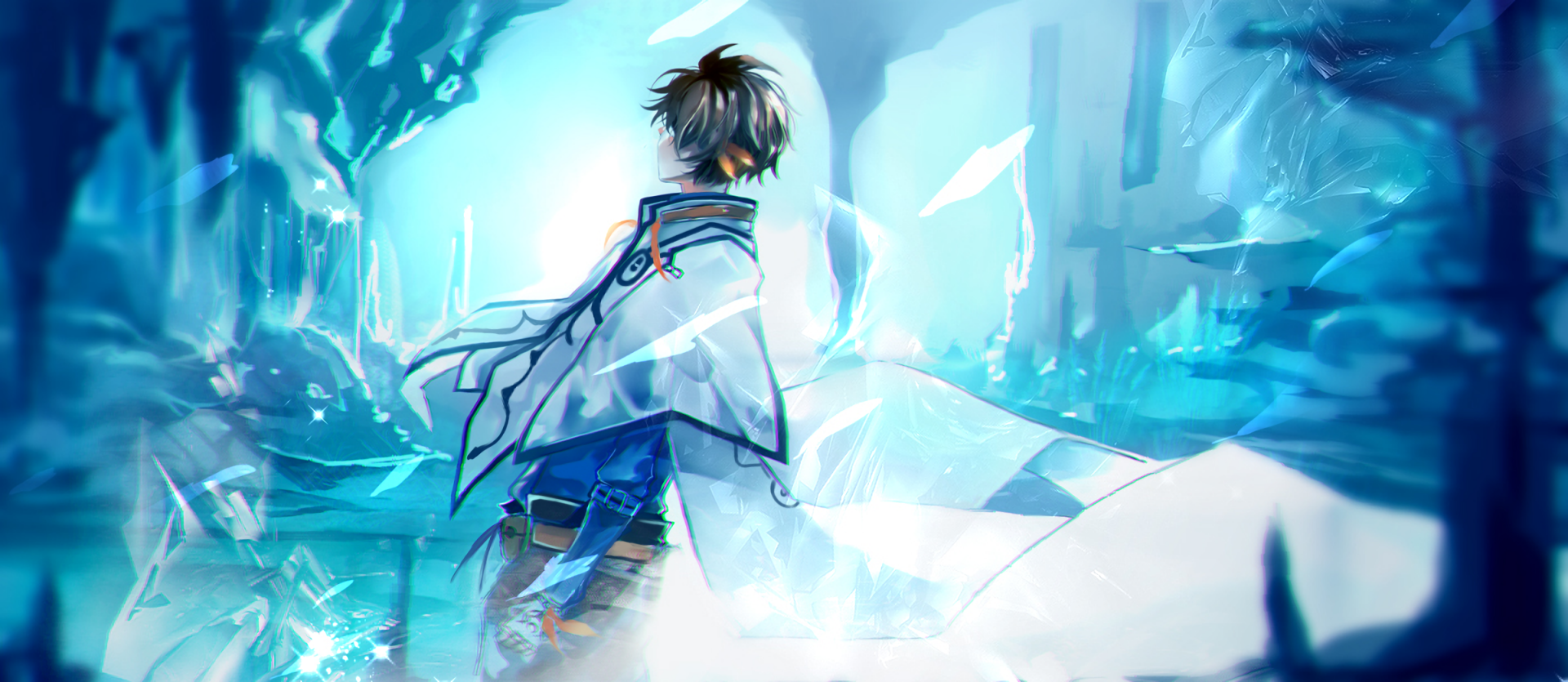 HD PC desktop wallpaper featuring an anime character from Tales of Zestiria the X amidst glowing blue crystalline structures.