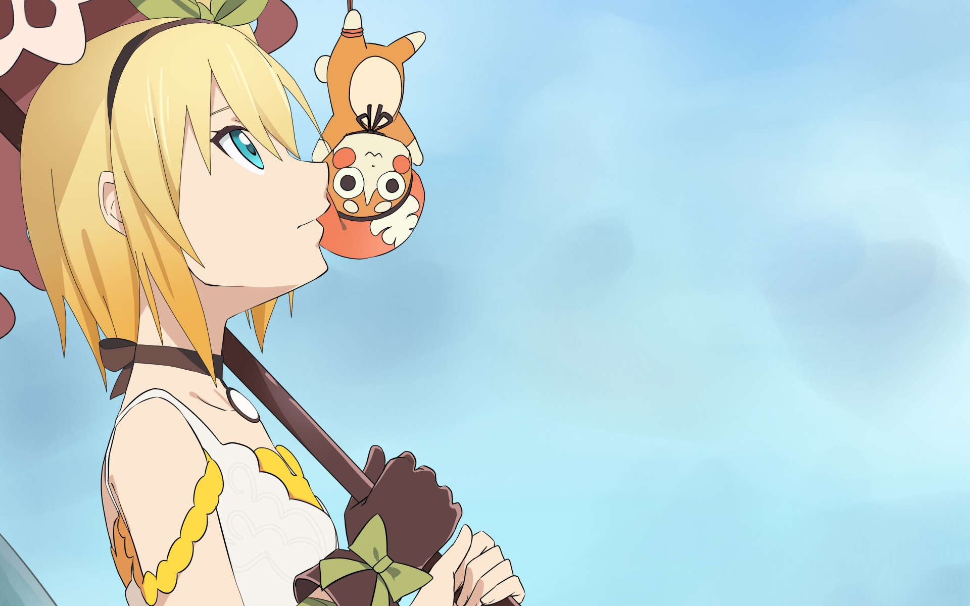 Anime HD PC desktop wallpaper from Tales of Zestiria the X featuring a blonde character holding a small creature against a clear blue sky background.