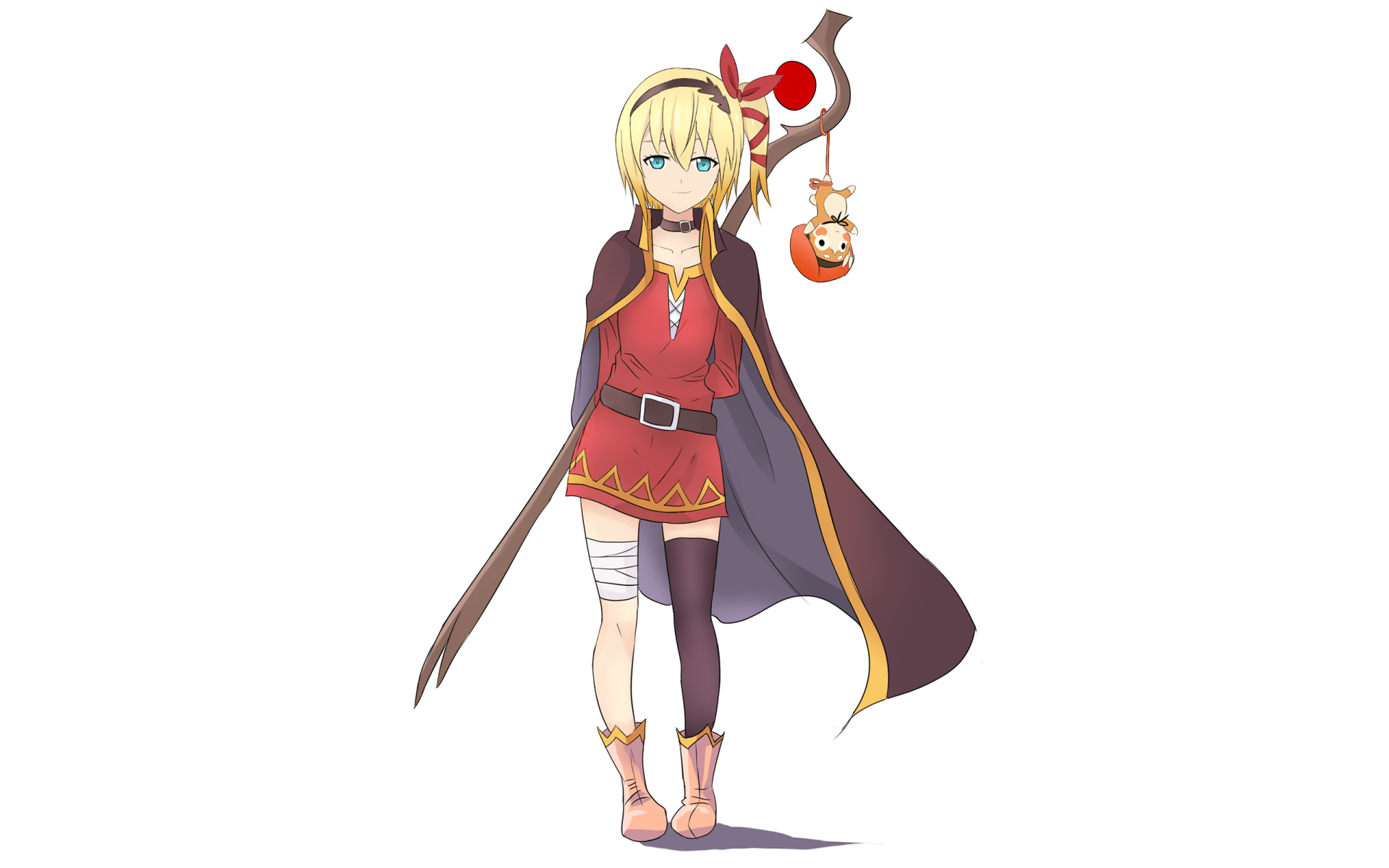 HD PC desktop wallpaper featuring an anime character from Tales of Zestiria the X, dressed in red with a cape and holding a staff adorned with a small figure.