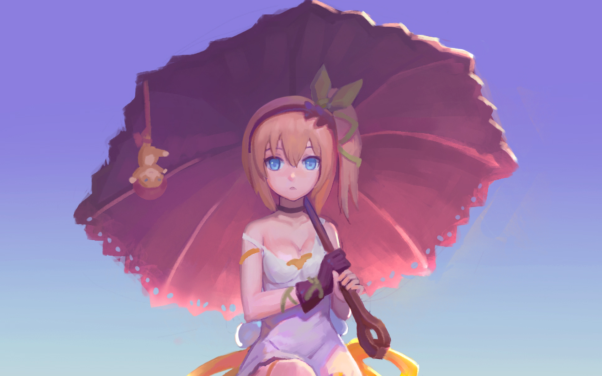 HD anime desktop wallpaper featuring a character from Tales of Zestiria the X holding a large parasol against a soft purple sky background.