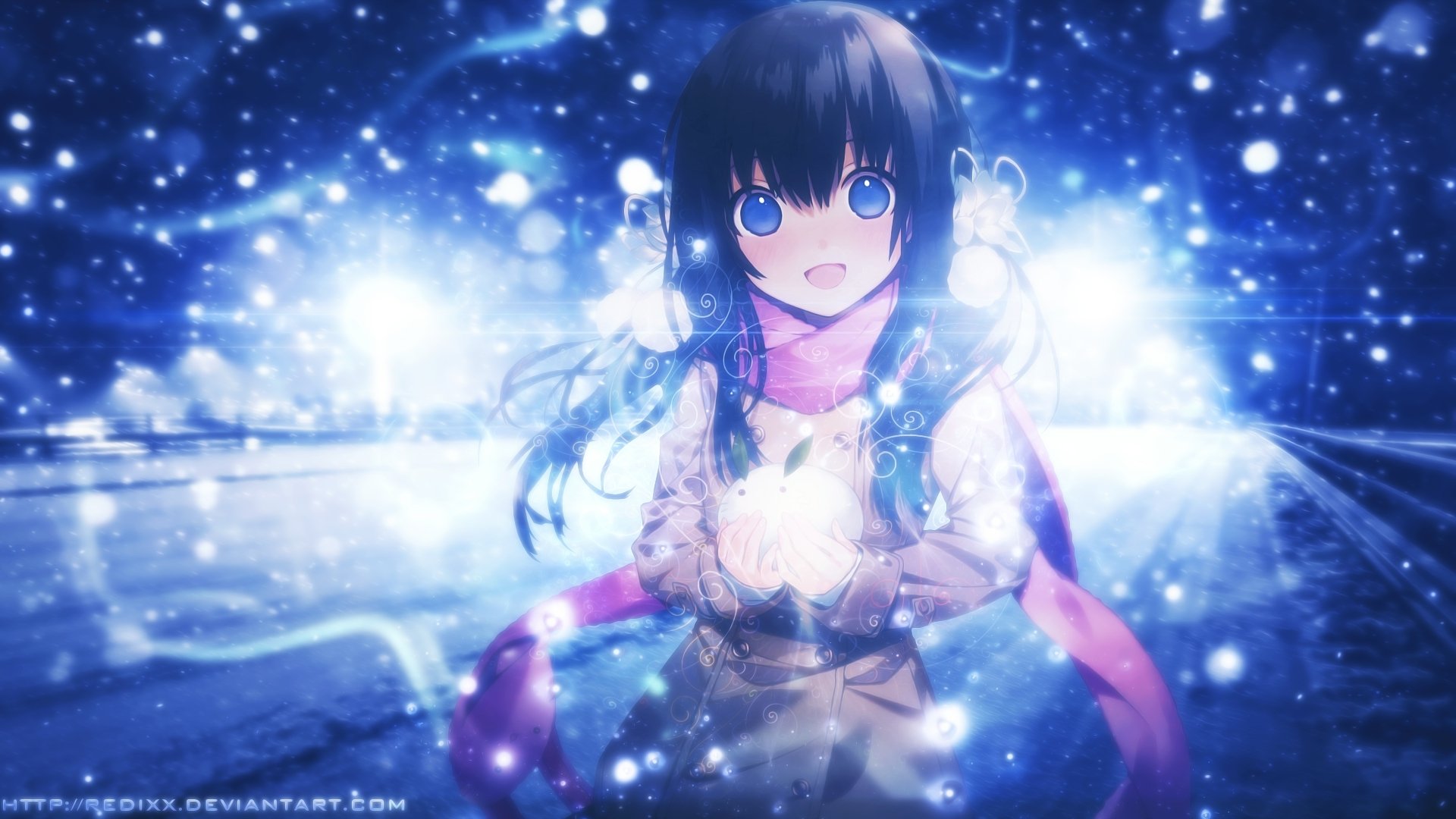 Anime original artwork featuring a girl with dark hair and bright blue eyes, surrounded by glowing lights and sparkles, captured in an HD PC desktop wallpaper style.