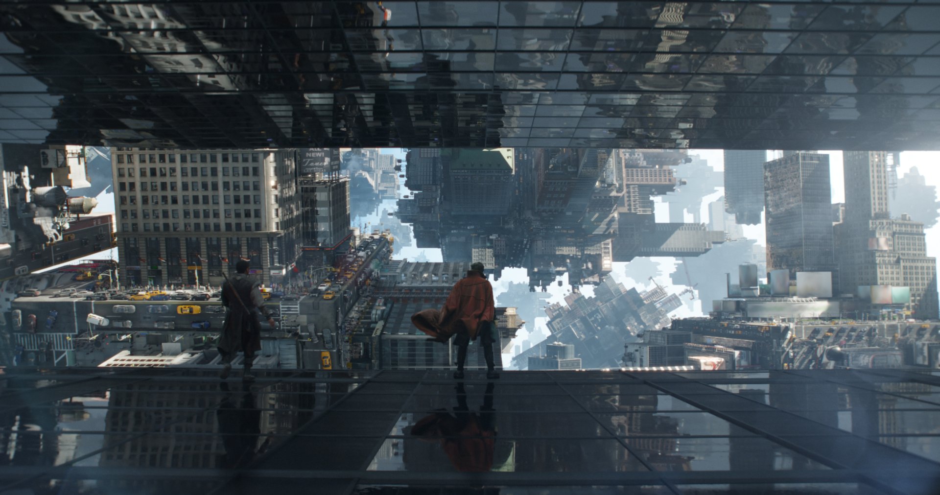 HD desktop wallpaper featuring a scene from the movie Doctor Strange, showcasing a mind-bending cityscape with characters standing amidst a mirrored, distorted urban environment.