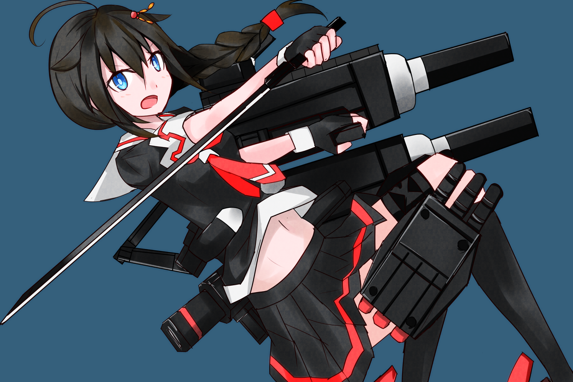 HD PC desktop wallpaper featuring Shigure from Kantai Collection in dynamic anime style with detailed weaponry and vibrant colors.