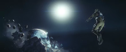 4K Ultra HD Star Citizen PC desktop wallpaper showing an astronaut floating near a shattered icy asteroid in space with a bright sun in the background.