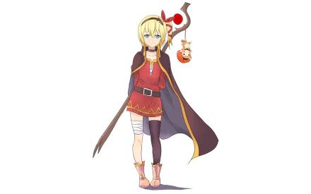 HD PC desktop wallpaper featuring an anime character from Tales of Zestiria the X, dressed in red with a cape and holding a staff adorned with a small figure.