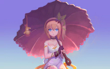 HD anime desktop wallpaper featuring a character from Tales of Zestiria the X holding a large parasol against a soft purple sky background.