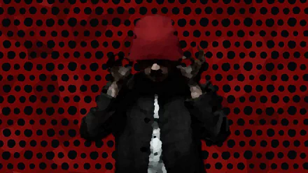 HD desktop wallpaper of Twenty One Pilots with a figure in a red hat against a dotted background.