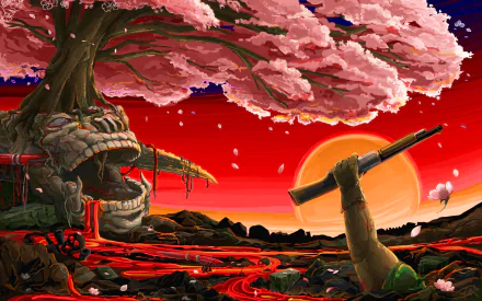 A vibrant HD wallpaper featuring Doomguy against a backdrop of a surreal landscape with a cherry blossom tree, a setting sun, and flowing lava, inspired by the video game Doom.