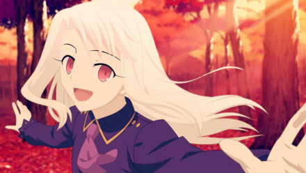 HD wallpaper of Illyasviel Von Einzbern from the anime Fate/Stay Night: Unlimited Blade Works, featuring her in a forest with autumnal hues and a radiant, cheerful expression.