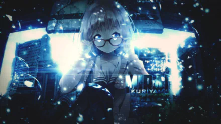 HD desktop wallpaper featuring Mirai Kuriyama from the anime Beyond the Boundary. The character is depicted in a dark, glowing blue environment.