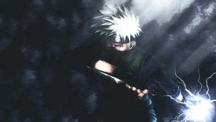 HD desktop wallpaper of Kakashi Hatake from Naruto anime, featuring him in a dynamic pose with a glowing hand in dark surroundings.