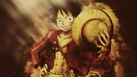 HD wallpaper featuring Monkey D. Luffy from the anime One Piece, with Luffy holding his iconic straw hat against a dynamic background.