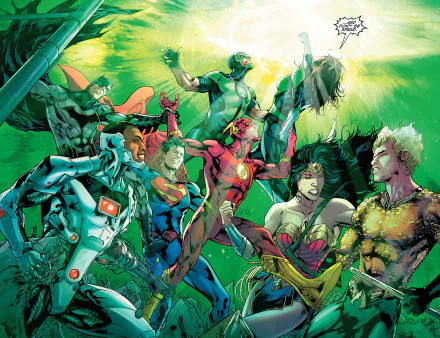 HD desktop wallpaper featuring the Justice League, including Barry Allen, Green Lanterns Jessica Cruz and Simon Baz, Cyborg, Superman, Wonder Woman, Aquaman, Batman, and Flash, from DC Comics.