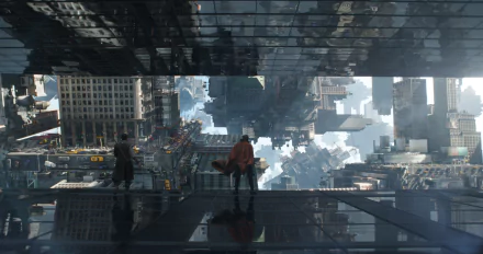 HD desktop wallpaper featuring a scene from the movie Doctor Strange, showcasing a mind-bending cityscape with characters standing amidst a mirrored, distorted urban environment.