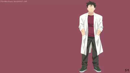 HD PC desktop wallpaper featuring Setsuo Takahashi from the anime Interviews With Monster Girls standing against a muted maroon background.